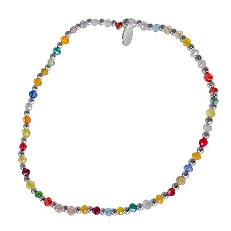 Pulsera elástica Plata Ley 925m con bolas lisas 2 mm. y piedras de co