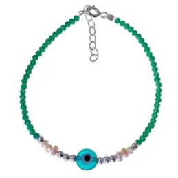 Ojo Turco Pulsera  Plata Ley 925m con 17 cm. amuleto 8 mm. perlas bol
