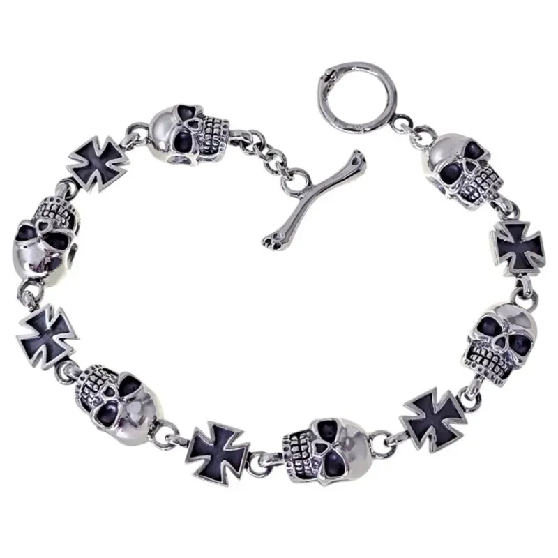 Pulsera Calaveras en Plata de Ley 925m con 21.5 cm. tamaño de 13 mm.