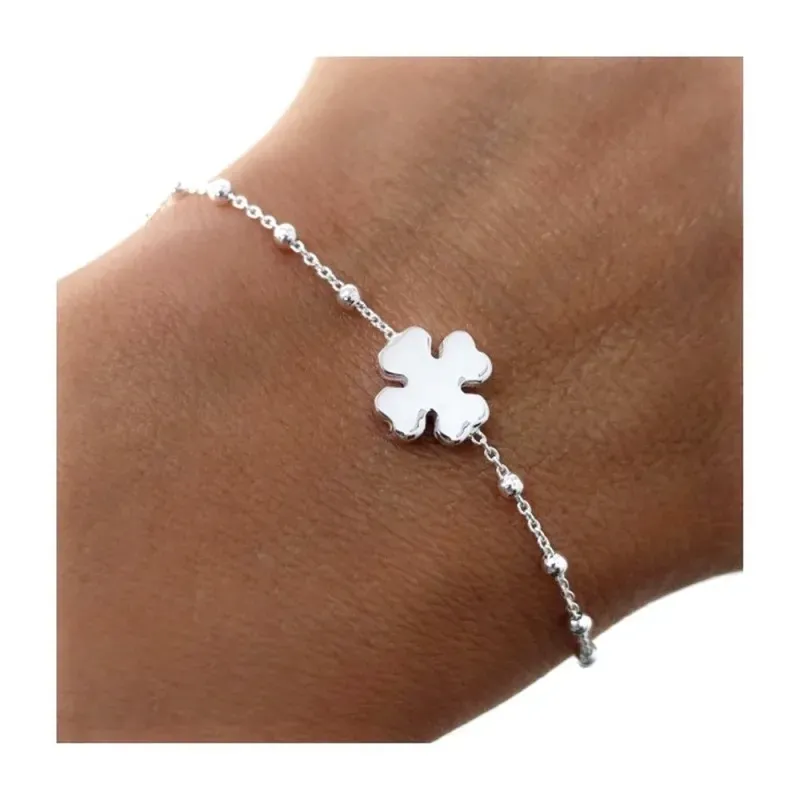 Trébol Pulsera en Plata de Ley 925m con bolas lisas combinadas amulet