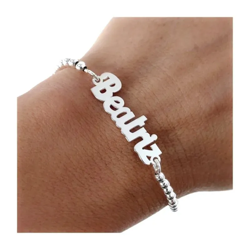 Pulsera Nombre Personalizable en Plata de Ley 925m con 18 cm. bolas l