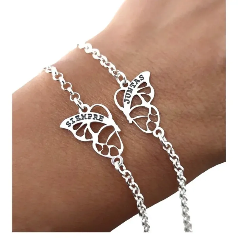 Pulsera Doble Siempre Juntas Plata Ley 925m 16.5 cm. mariposa para co