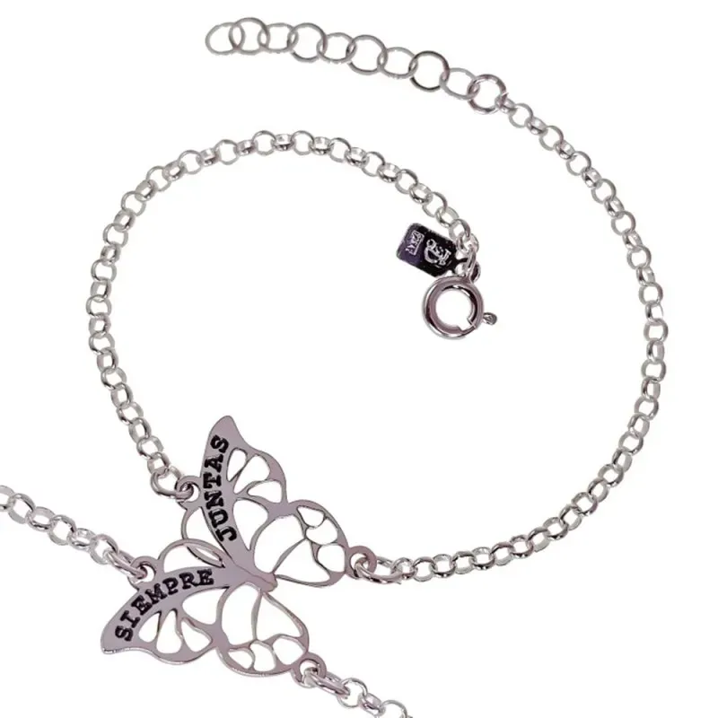 Pulsera Doble Siempre Juntas Plata Ley 925m 16.5 cm. mariposa para co