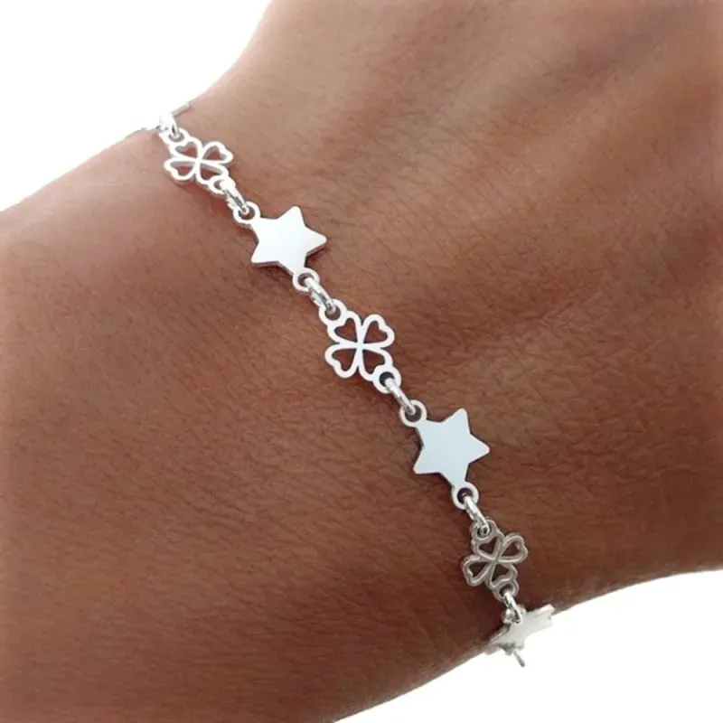Pulsera Plata Ley 925m de 16 cm. con trébol y estrellas de 5 mm.