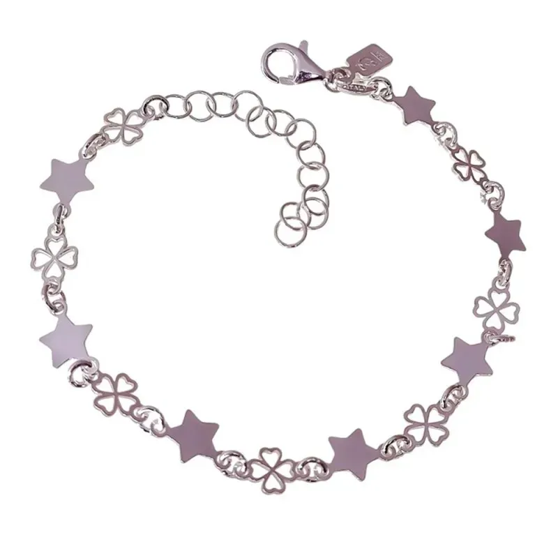 Pulsera Plata Ley 925m de 16 cm. con trébol y estrellas de 5 mm.