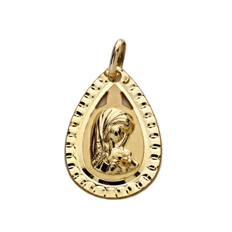 Medalla oro 18k Virgen Niña forma lágrima detalle cerco calado