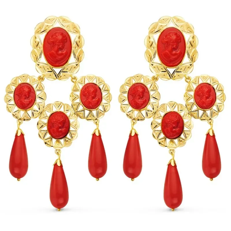 Pendientes oro 18k mujer largos 70 mm. mantilla camafeo combinados co