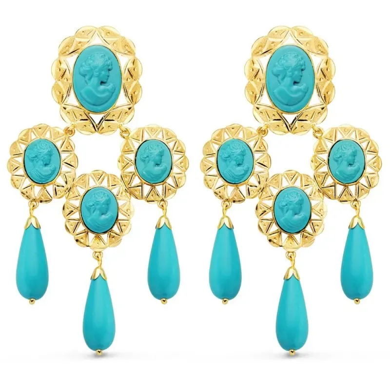 Pendientes oro 18k mujer largos 70 mm. mantilla camafeo combinados tu