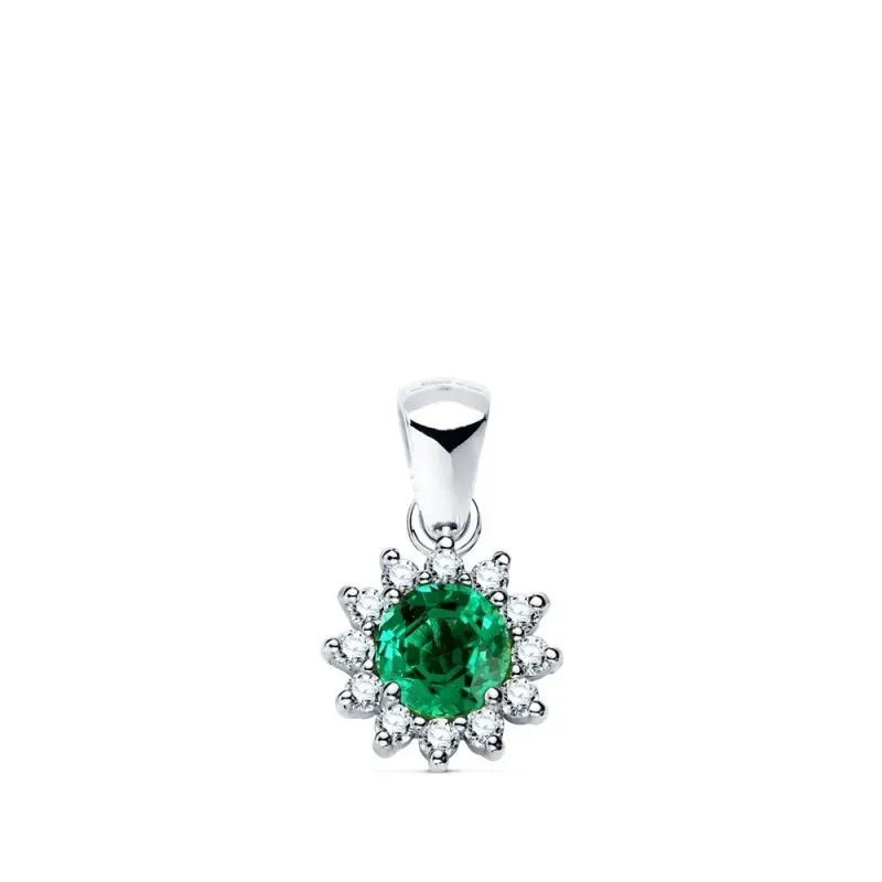 Colgante Oro Blanco 18k con 12 diamantes de laboratorio con esmeralda