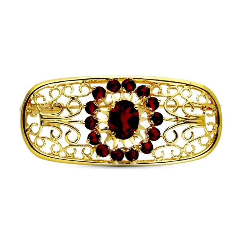 Broche Alfiler en Oro de 18k ovalado con 14 mm. circonitas rojas form