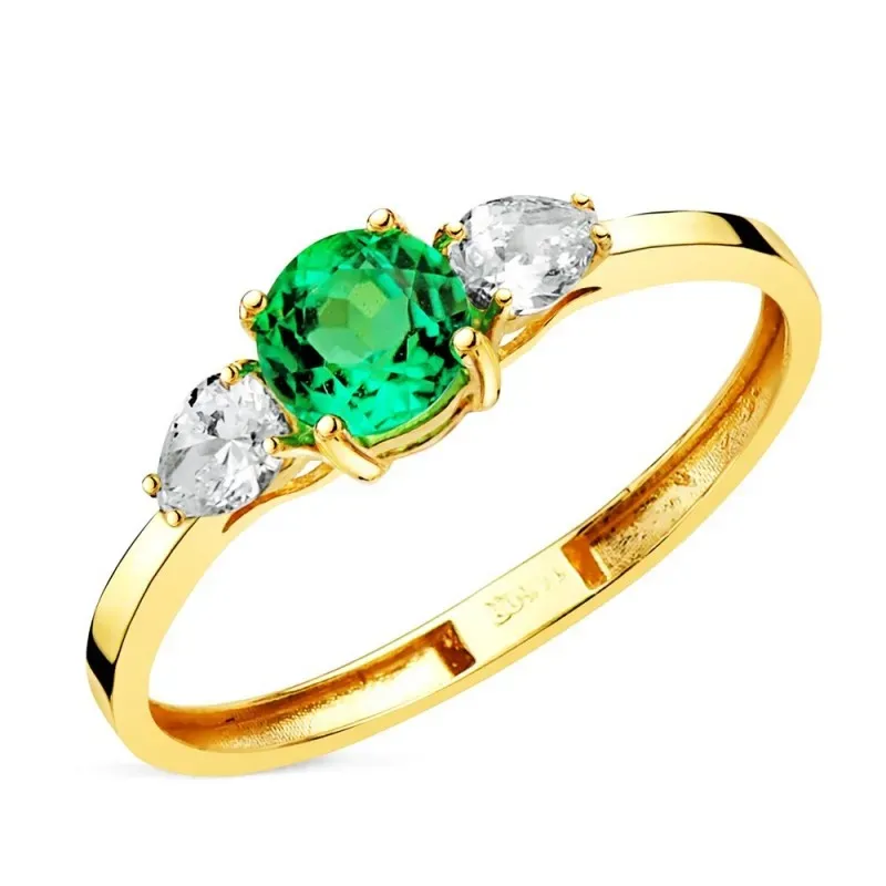 Sortija Oro 18k con esmeralda recristalizada 5 mm. dos diamantes labo