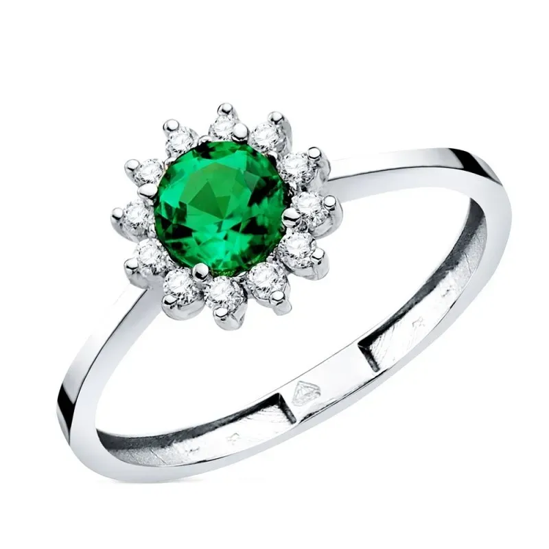 Sortija Oro Blanco 18k esmeralda recristalizada 5 mm. con 12 diamante