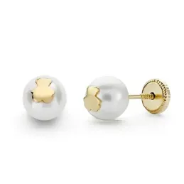 Pendientes oro 18k perla 6mm.  osito cierre tornillo [8811]