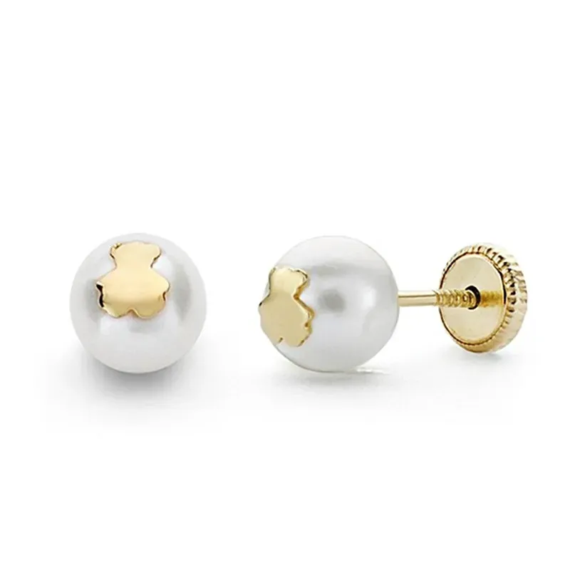 Pendientes oro 18k perla 6mm.  osito cierre tornillo [8811]