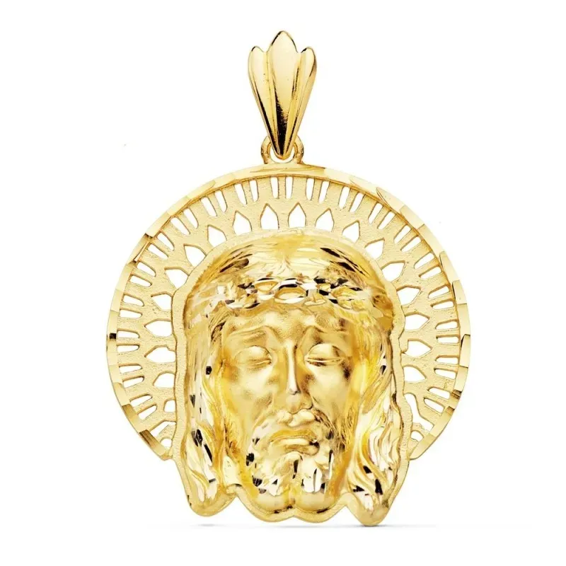 Colgante oro 18k 34mm. cabeza rostro de Cristo orla calada formas detalles tallados