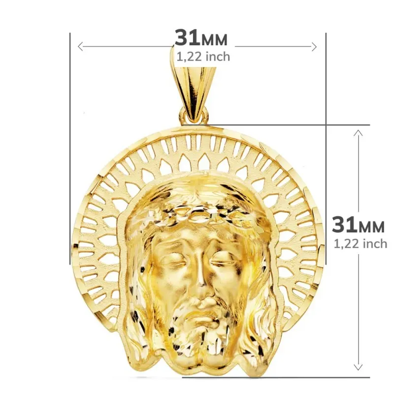 Colgante oro 18k 34mm. cabeza rostro de Cristo orla calada formas detalles tallados