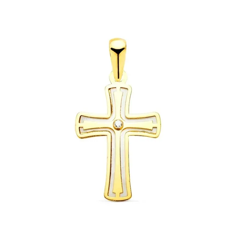 Cruz en Oro Colgante de 18k con 20 cm. y fondo de nácar con circonita