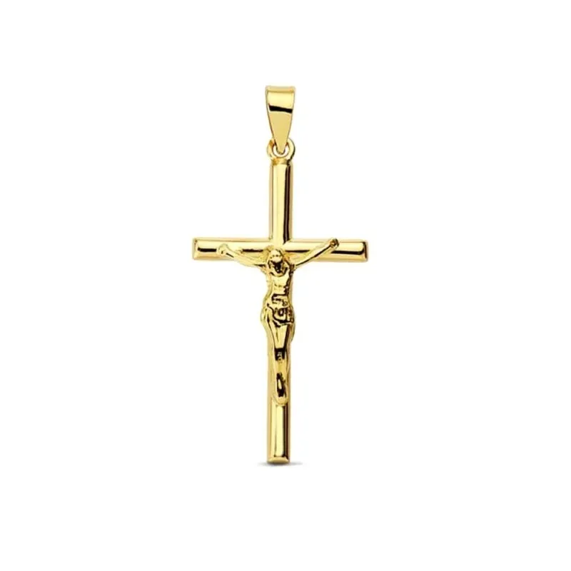 Cruz con Cristo Colgante en Oro de 18k con 27 mm. palo redondo liso