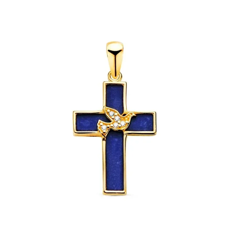 Cruz en Oro de 18k Colgante con 19 cm. fondo lapizlázuli con paloma c