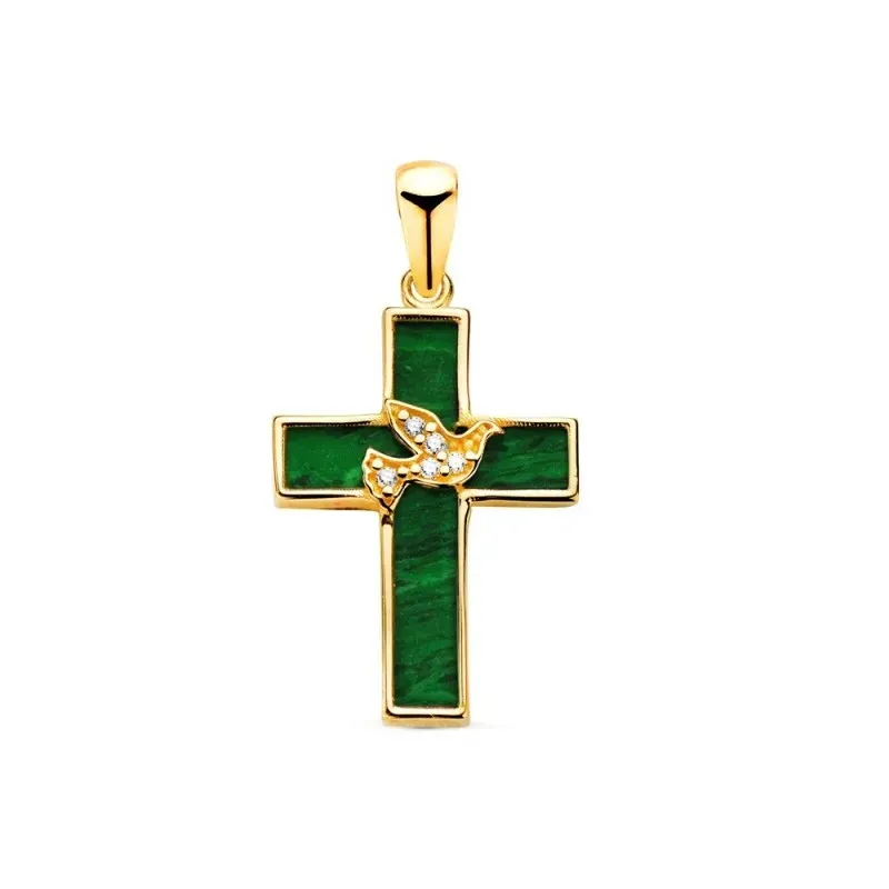 Cruz en Oro de 18k Colgante con 19 cm. fondo malaquita con paloma cen