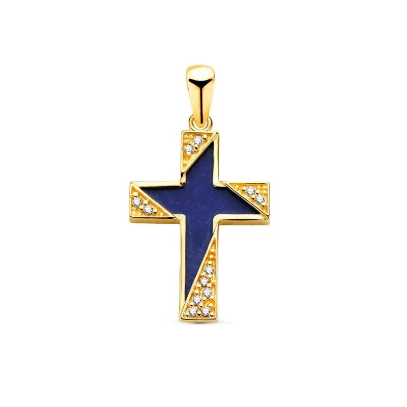 Cruz en Oro de 18k Colgante con 19 cm. fondo lapizlázuli con circonit