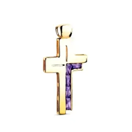 Cruz Colgante Oro 18k con 31 mm. circonitas baguette color amatista
