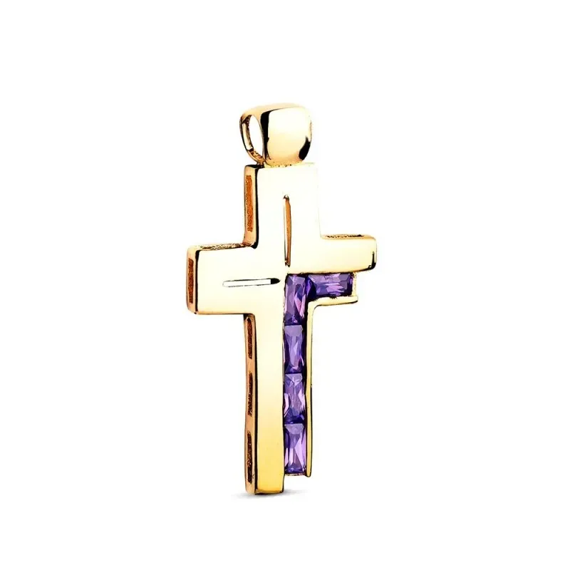 Cruz Colgante Oro 18k con 31 mm. circonitas baguette color amatista