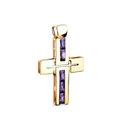 Cruz Colgante Oro 18k de 29 mm. circonitas baguetter color amatista