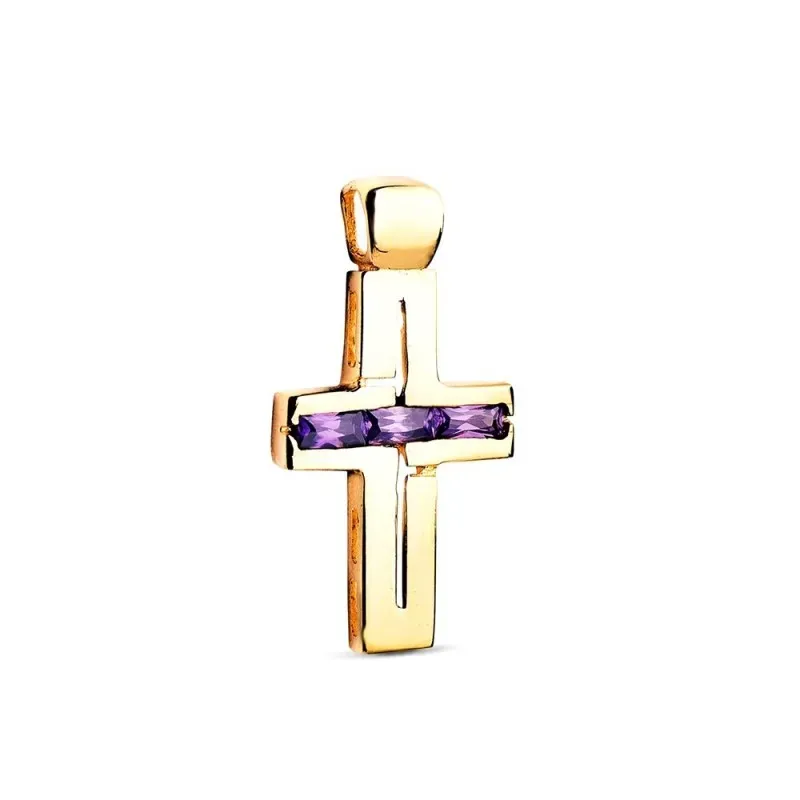 Cruz Colgante Oro 18k de 25 mm. circonitas baguette color amatista