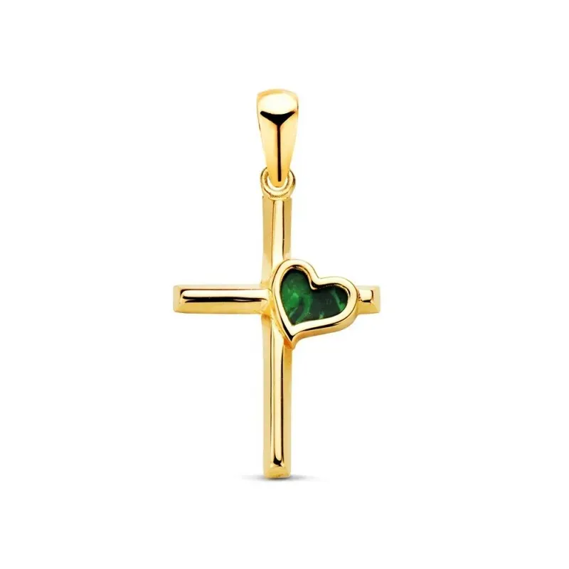 Cruz Colgante en Oro 18k con 18 mm. detalle corazón con piedra malaqu