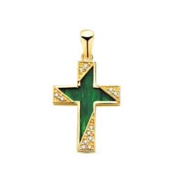 Cruz Colgante Oro 18k con 19 mm. piedra malaquita combinada circonita