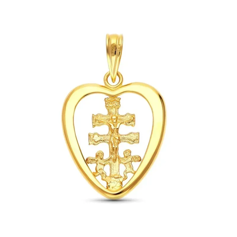 Cruz de Caravaca Colgante en Oro de 18k forma de corazón calado con 2