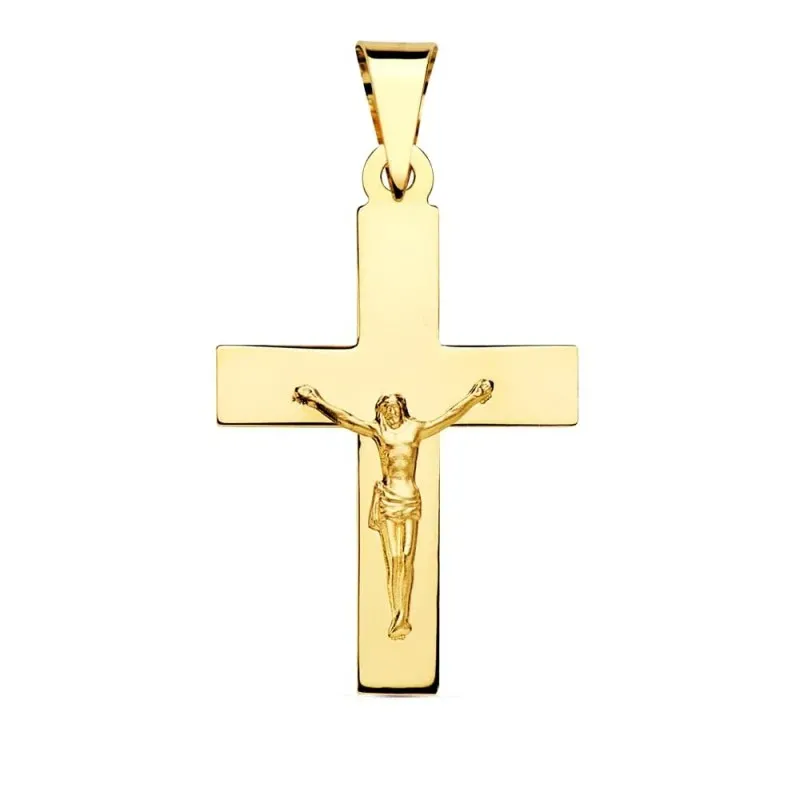 Cruz con Cristo Colgante Oro de 18k con 34 mm. placa acabada en liso