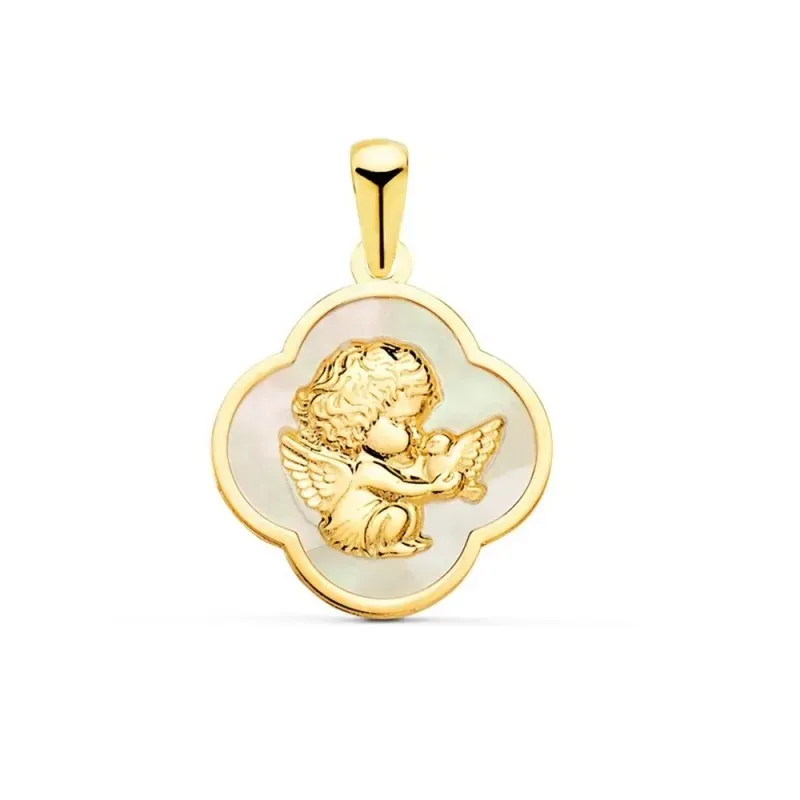 Ángel Burlón Colgante Oro 18k nácar 17 mm. forma trébol