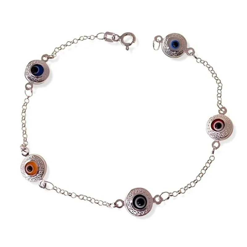 Pulsera plata Ley 925m mujer 19 cm. cadena rolo combinada ojos turcos