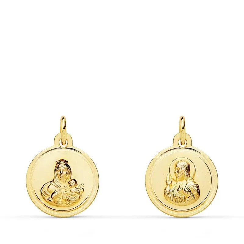 Medalla oro 18k colgante escapulario 12mm. Virgen del Carmen Corazón de Jesús bisel unisex