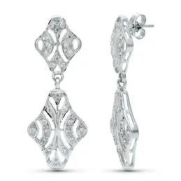 Pendientes largos oro blanco 18k mujer 40 mm. circonitas formas calad