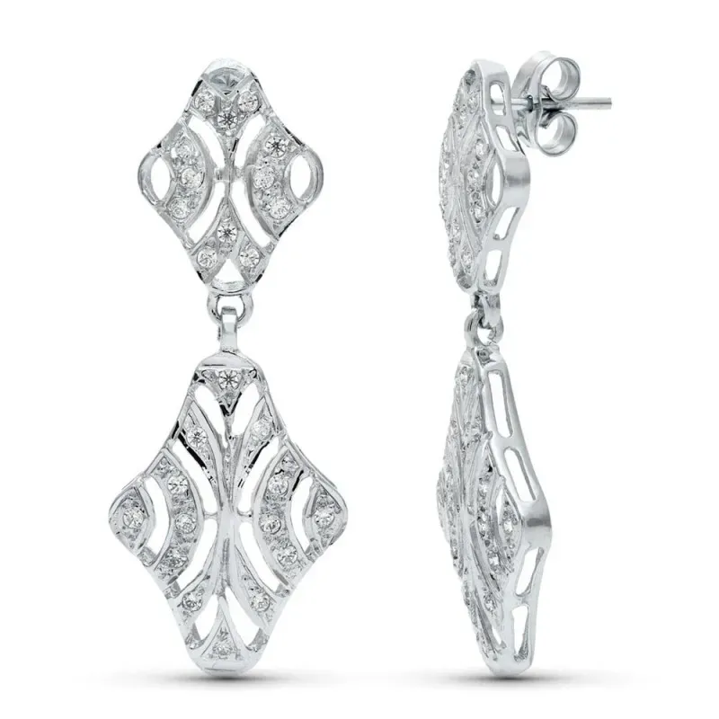 Pendientes largos oro blanco 18k mujer 40 mm. circonitas formas calad