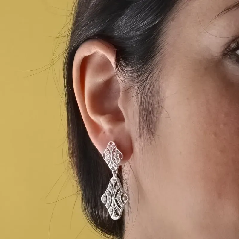 Pendientes largos oro blanco 18k mujer 40 mm. circonitas formas calad
