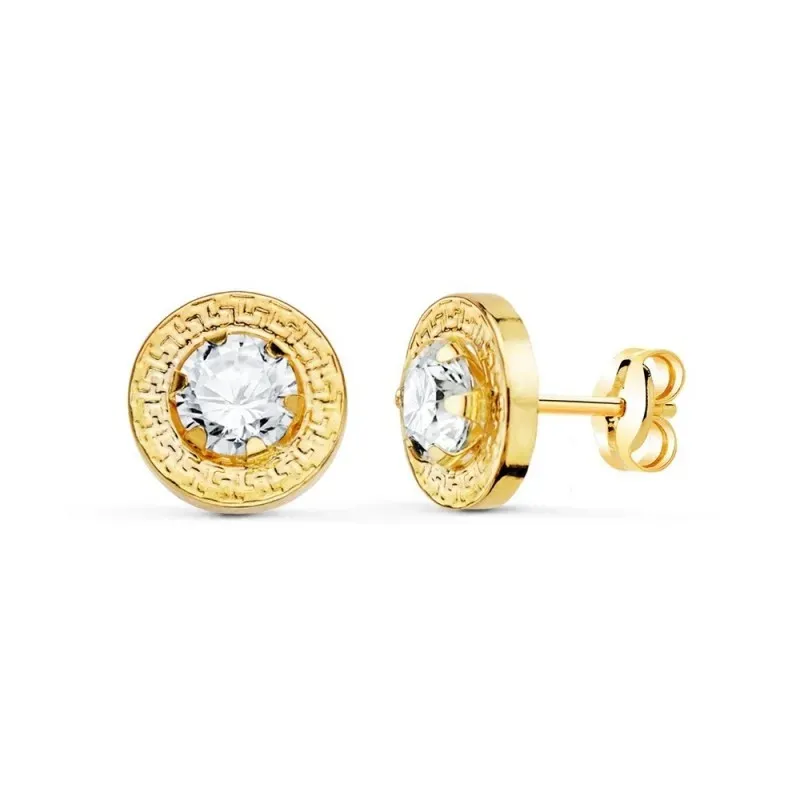 Pendientes Oro 18k mujer 9 mm. detalle greca circonita centro garras