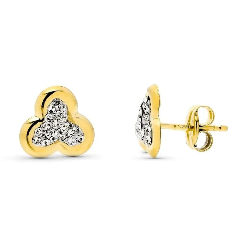 Pendientes Oro de 9k con forma de trebol de 8 mm. con piedras en el c