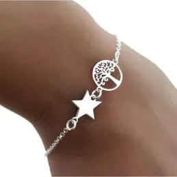 Pulsera plata Ley 925m cadena rolo 18cm. centro árbol de la vida calado estrella lisa cierre reasa