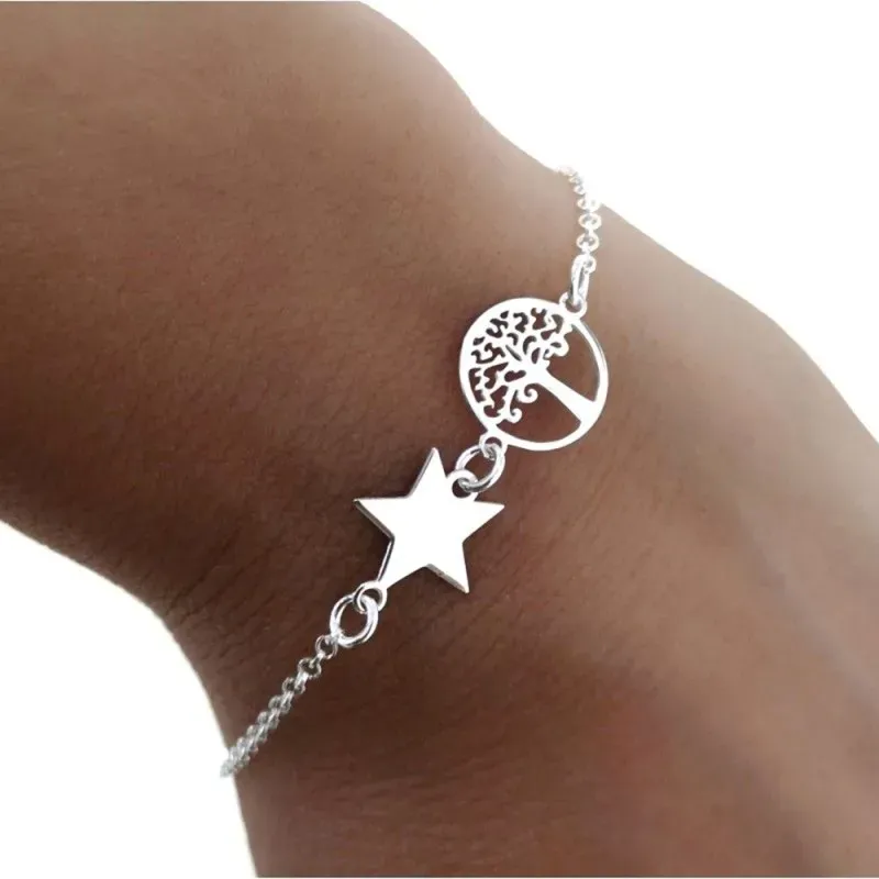 Pulsera plata Ley 925m cadena rolo 18cm. centro árbol de la vida calado estrella lisa cierre reasa