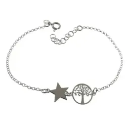 Pulsera plata Ley 925m cadena rolo 18cm. centro árbol de la vida calado estrella lisa cierre reasa