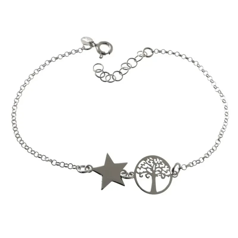Pulsera plata Ley 925m cadena rolo 18cm. centro árbol de la vida calado estrella lisa cierre reasa
