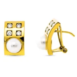 Pendientes oro 18k rectangulares 15mm. perla cultivada circonitas cie