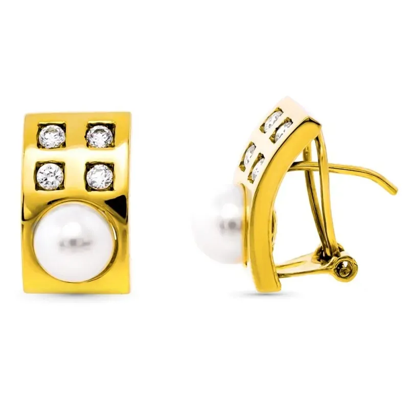 Pendientes oro 18k rectangulares 15mm. perla cultivada circonitas cie