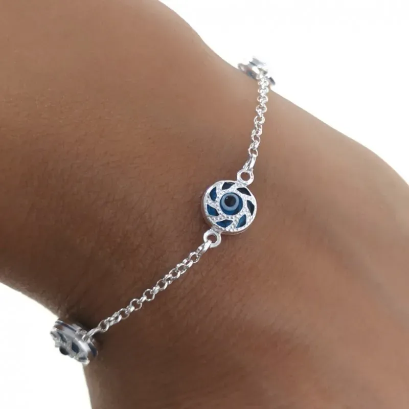 Pulsera plata Ley 925m mujer 18 cm. ojos turcos 8 mm. Rolo reasa