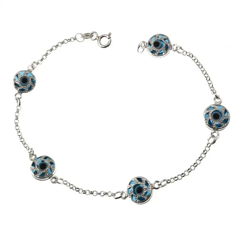 Pulsera plata Ley 925m mujer 18 cm. ojos turcos 8 mm. Rolo reasa