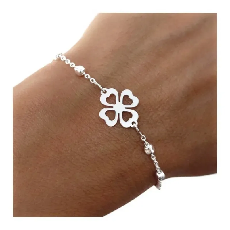 Pulsera Plata Ley 925m mujer 17 cm. cuadrados 2.5 mm. detalle trébol